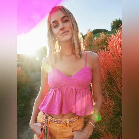 American Eagle Outfitters Tops - American Eagle Linen Blend Pink Peplum Babydoll Camisole Festival Tank Pink Boho